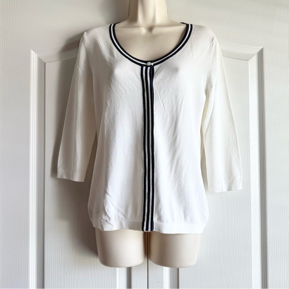 Kate Hill Scoop Neck Striped 3/4 Sleeve Cardigan Sweater - Picture 2 of 7